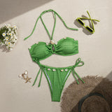 Wrinkled Hollow Out Halter Strappy Bikini Women Swimwear Female Swimsuit Two-pieces Bikini Set Bather Bathing Suit Swim Lady