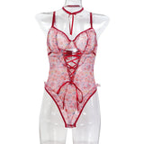 Toucheart Sexy Women Lace Backless Interesting  Babydoll Bodysuit Wrap Dress High Waisted Printing Bow Knot  Babydoll Bodysuit