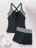 Women's Conservative 2 Piece Swimsuit Black Stripe Print Patchwork Tankini Bikini Set Suspender Cross Backless Bathing Suit 2025