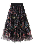 Early Fall Floral Print Ruffle Mesh Skirt Women Irregular Flowy A-line Midi Skirt for Travel, Beach, Shopping