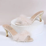 Summer Elegant Open Toe Plush Slippers for Women 2025 Suede High Heels Slippers Women Luxury Solid Thin Heels Woman Slides