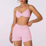 2PCS Backless Sports Bra High-Waisted Yoga Shorts Set Sexy Neck Hanging Design Abdomen Hip Lifting Fitness Outfit