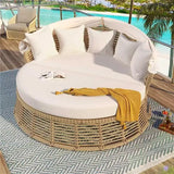 Outdoor Rattan Round Daybed With Retractable Canopy Removable Cushions