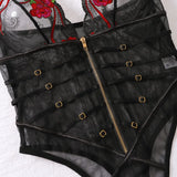 Toucheart Sexy Lace Mesh Transparent Underwear Women V-Neck Sexy Suspender Bodysuit With Zipper Exotic Sexy Printing Jumpsuit