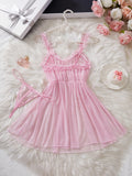 Women Mesh Nightdress Bow Pink Dress With Thong Underwear Valentine Day Gift