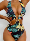 4 Colors New Sexy One Piece Swimsuit Swimwear Women Deep V-neck Hollow High Waist One-piece Bathing Suit Beachwear Metal Hoop