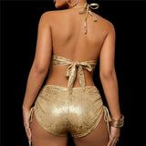 Gold Shiny String Halter Sexy Bikini 2026 Woman Bottom Shorts Swimsuit Metal Ring Holiday Swimwears Bathing Suit Bikinis Sets