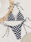 Sexy Pink Plaid Micro Bikini 2026 Women Halter Push Up Bra Tie Side Thong Swimsuit Brazilian Beach Bathing Suit Swimwear Biquini