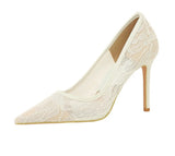 NASBAVI Sexy Lace High Heels Net Gauze Thin Heel Pointed Toe Slimming Nightclub Style Low Heel Single Shoes 41 42 43