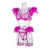 Toucheart 4 Piece Set Fun Lingerie For Women Feather Lace Splicing Chain Sexy Slim Mesh See-Through Sexy Lingerie Garters Suit
