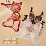 Women's French Pure Desire Lace Lingerie Set - Rabbit Ear Cup Thin Push Up Bra Minimizer for Large Bust