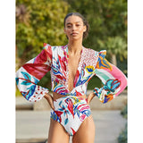 One Piece Swimsuit Sexy Long Sleeve Tropical Print Swimwear Women Bandage Monokini Hollow Out Bathing Suit String Beachwear 2023