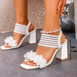 Fashion Flowers High Heel Sandals Women Summer Elastic Strap Slip On Thick Heeled Sandals Woman Plus Size Square Toe Party Shoes