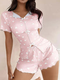 Women 2 Pieces Pajamas Set Heart Printed Short Sleeve T-shirts and Shorts Sets Casual Home Wear Loungewear Summer Sleepwear