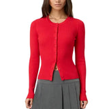 Autumn Winter Sweater Cardigan Women Solid Color Long Sleeve Round Neck Button Up Ribbed Knitwear Slim Coat
