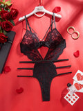 Women Lace Bodysuit Female Underwear Floral Embroidery Heart Shaped Ornament Design Bodycon