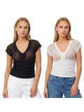 Women Summer Sheer Lace Tops Slim Fit V Neck Cap Sleeve Ruched Slim Crop Shirts Going Out Office Party Sexy T-shirt