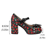 Big Size 43 High Quality Women's y2k Block High Heels Sweet Strawberry Print Mary Jane Pumps Black Pink Platform Lolita Shoes