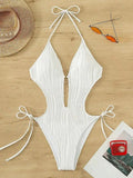 S - XXL Halter V Neck Wrinkled Female Swimwear One Piece Swimsuit Women Backless Monokini High Cut Bathing Suit Swim Beach Wear