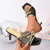 Female Round Toe Ladies Heels Slippers Shoes Butterfly-Knot Fashion Mesh Women Heeled Slippers Slides Sandals Shoes Pumps