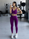 Halter Neck Yoga 2Pcs Set Women Soft Stretchy Top & Long Pants Gym Wear