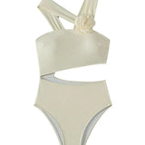 sexy 3D flower skew collar swimsuit one piece bikini hollow waist thong swimwear bodysuits women biquini bathing suits tankini