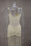 Tassel Hem Splicing Sling Dress Women Sexy Waist Hollow Out Stretch Pleated Bodycon Dresses Female Solid Summer Beach Party Robe