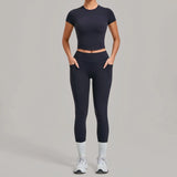 Women Tracksuit Yoga Sets Short Sleeve Slim Sports T Shirts Workout Clothes Outdoor Tight High Waist Pocket Pants Fitness Suits