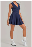 Summer Women Solid Tennis Dresses Sleeveless Turn Down Collar Pleated Skirts with Detachable Pocket Shorts Slim Yoga Golf Dress