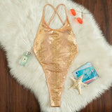 Golden Shiny Snake Print Swimsuit for Women,2026 Summer New One Piece Bikini,U-neck Suspender Cross Straps Beachwear Monokini