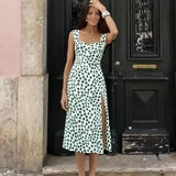 French Style Low-cut Polka Dot Print Camisole Dress For Women Sexy Side Slit Waist-cinching Mid-length Beach Dress Charming WYLB