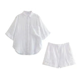 Foridol Casual 2 Pcs Shorts Women Set Linen Cotton Pink Oversize Buttons Shirt+shorts Outfits Summer Autumn White Fashion Set