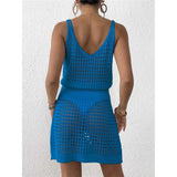 S - XL V Neck Hollow Out Crochet Knitted Tunic Beach Cover Up Cover-ups Beach Dress Mini Beach Wear Beachwear Female Women V7048