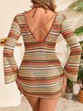 S - XL Striped Long Sleeve Cover Up Bikini Female Swimsuit Women Swimwear Bather Bathing Suit Swim Three-pieces Bikini set K8128