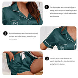 Women's Pajama Lounge Set Summer Heart Embroidered Pocket Patched Short Sleeve Shirt & Shorts Pajamas 2 Piece Set Pyjama Femme