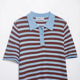 Fashion Casual Striped Knit Polo Shirt Striped Knit Shirt For Women Blue Brown Short Sleeve Hollow Out Casual Summer Top UEZ7