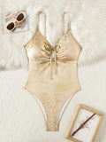 Sexy Brozing Gold One Piece Swimwear Women 2026 Front Drawstring Tie Slim Tummy Control Holiday Bathing Suit Swimsuit Monokini