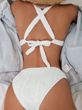 Wrinkled Crinkled Cross Back Bikini Women Swimwear Female Swimsuit Two-pieces Bikini Set High Cut Bathing Suit Swim Beach Wear