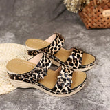 2026 Summer Women's Leopard Print Wedge Sandals Open Toe Slippers Plus Size 44 Comfortable Thick Sole