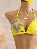 Sexy Black 3D Flower Holiday Bikini Set 2026 Women Drawstring Side Knitted Cover Up 3 Piece Swimsuit Beach Bathing Suit Swimwear