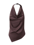Women’s Solid Color Satin Cowl Neck Halter Tops Summer Fashionable Backless Slim Fit Going Out Vest