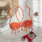 Pearls Beads Halter See Through Bikini Top Female Swimsuit Women Swimwear Bather Bathing Suit Swim Hollow Out Beach Top V8224