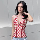 Spring And Summer New Style Sweet Red Plaid Unique Back Drawstring Top Halter Neck V-neck Sexy Slim-fit Tank Top Casual UH75