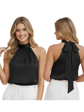 Women's Summer Halter Tank Tops Stylish High Neck Bow Tie Back Sleeveless Solid Color Going Out Vest