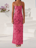 Women Summer Glitter Sequin Beaded Flower Cami Dress Slim High Split Spaghetti Strap Open Back Long Dresses for Party Club
