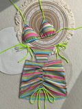 3PCS With Skirt Sarong Knitted Striped Bikini Women Swimsuit Female Swimwear Three Pieces Bikini Set Bathing Suit Swim Beachwear