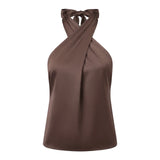 Women Fashion Sleeveless Halter Neck Tank Tops Summer Solid Color Backless Satin Casual Vests Streetwear