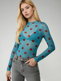 Women’s Spring Summer Crew Neck Mesh T-Shirts Long Sleeve Dots Print Slim Fit Transparent Classic Tops