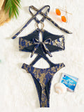 Shiny Blue Snakeskin Print One Piece Swimsuit Women 2026 Sexy Hollow Out Backless Metal Cross Bathing Suit Swimwear Monokini