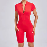 Padded Backless Yoga Cycling jumpsuit  Women Zipper GYM Sportswear Fitness One Piece Sports Suit V Back Workout Playsuit